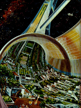 Concept art of future Mars colonization, showing habitats and human activity