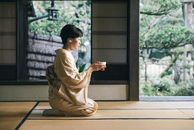 Cozy tatami room in a traditional Ryokan