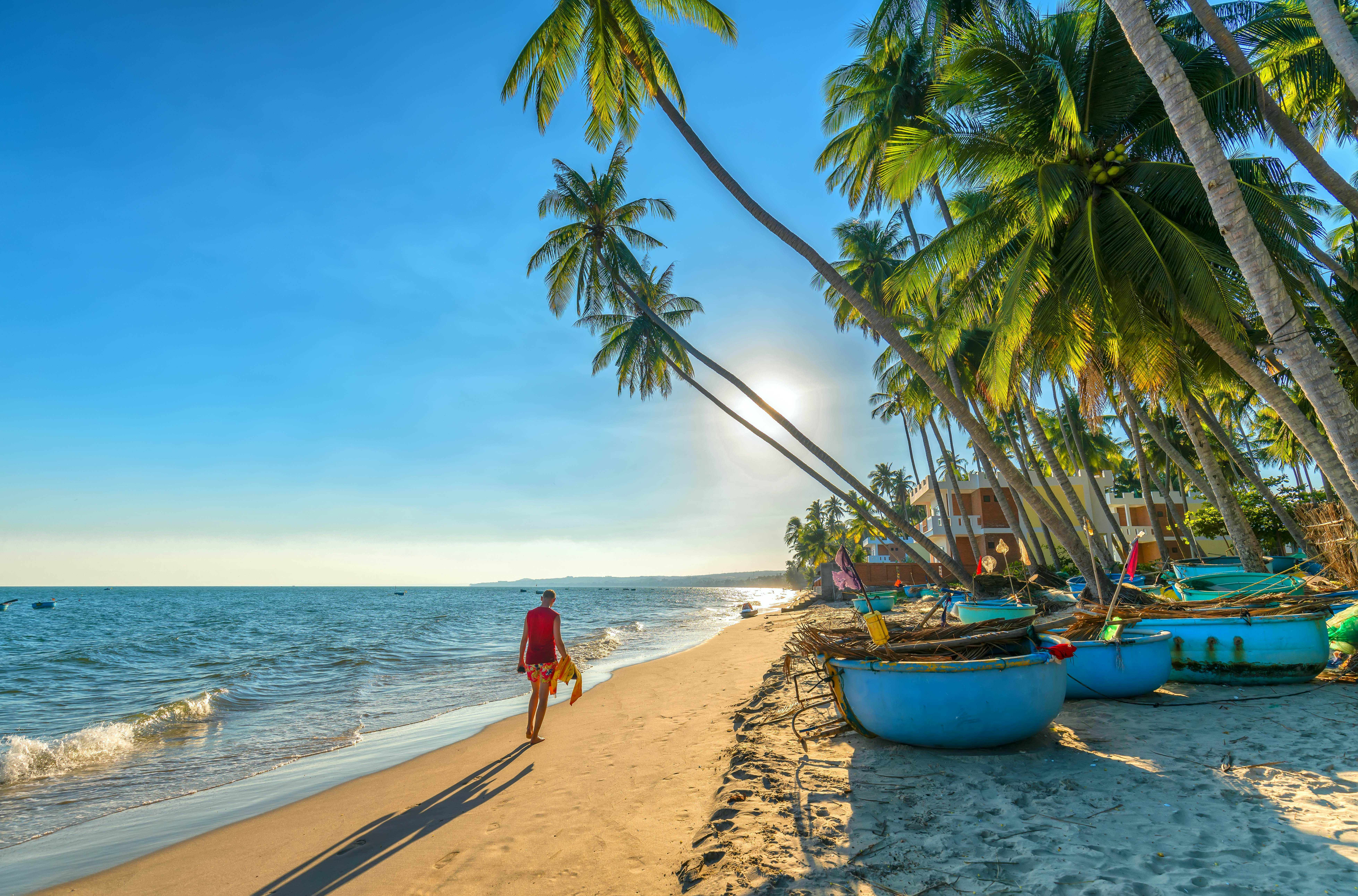 Tourist walking underneath palm trees on the beach at Mui Ne, Vietnam