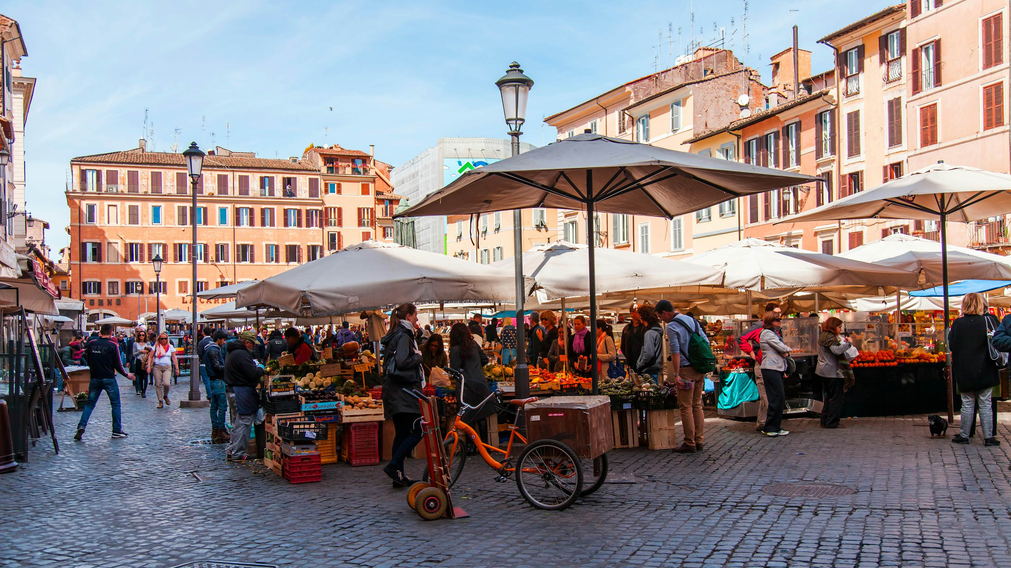 Vegetables and fruits at Campo Di Fiori Square in Rome, Italy, offer a taste of local culinary traditions.