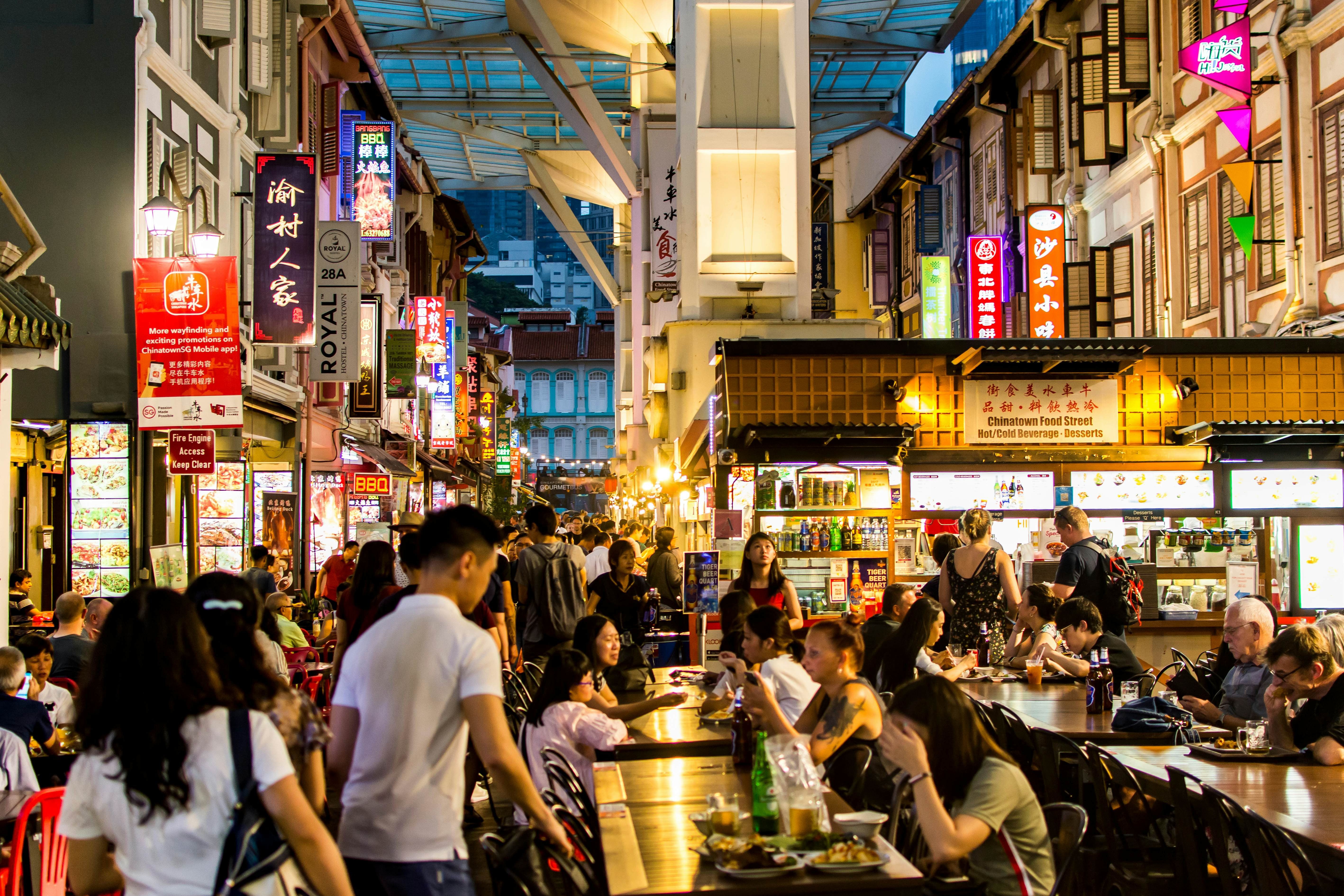 CHINATOWN, SINGAPORE - NOV 3, 2018: Chinatown food street (CFS) on Smith Street at night