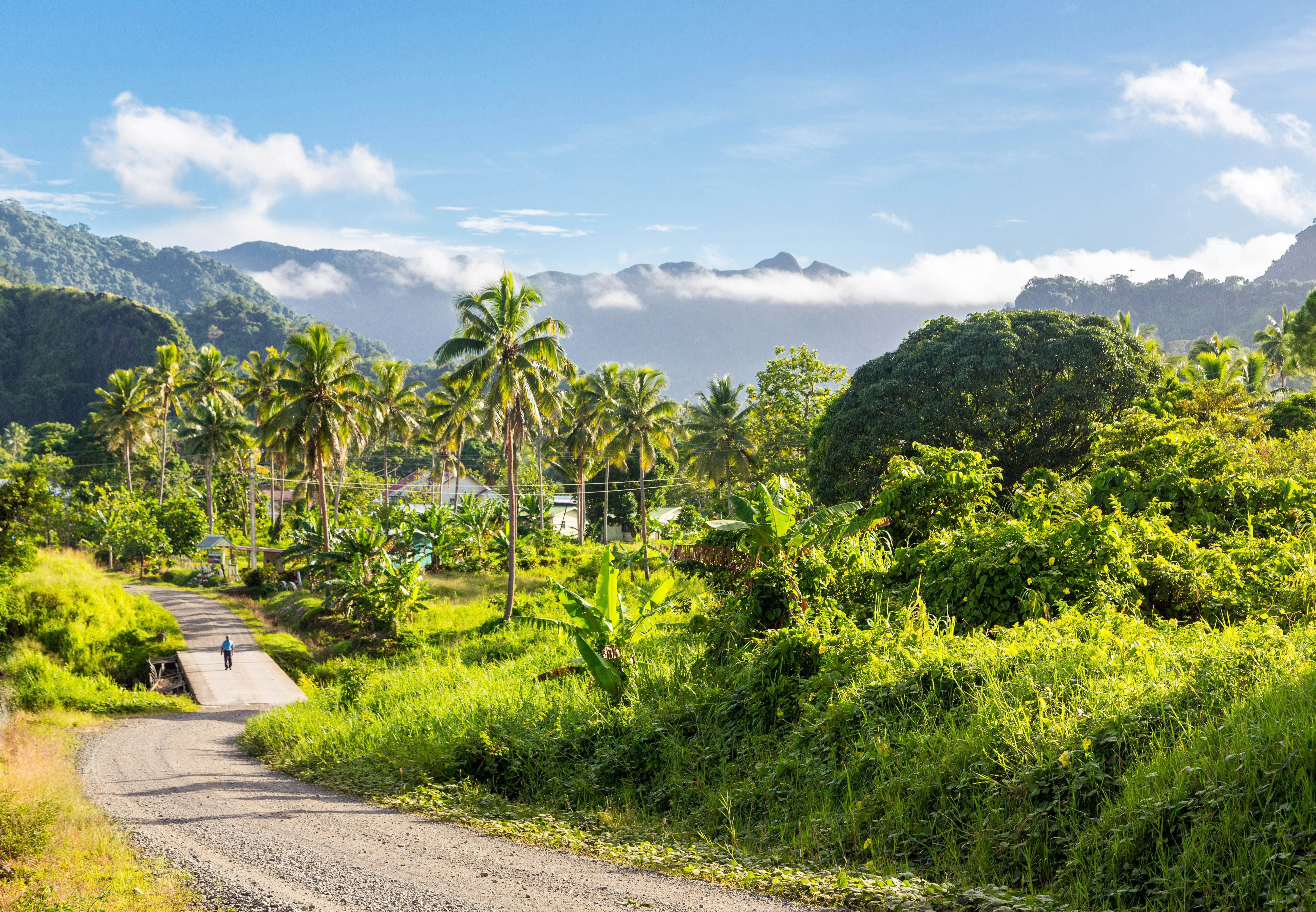 A road winds through a hilly tropical landscape with lush foliage and palm trees. A motorcyclist is visible on the road in the distance, and cloud-covered mountains can be seen in the background.