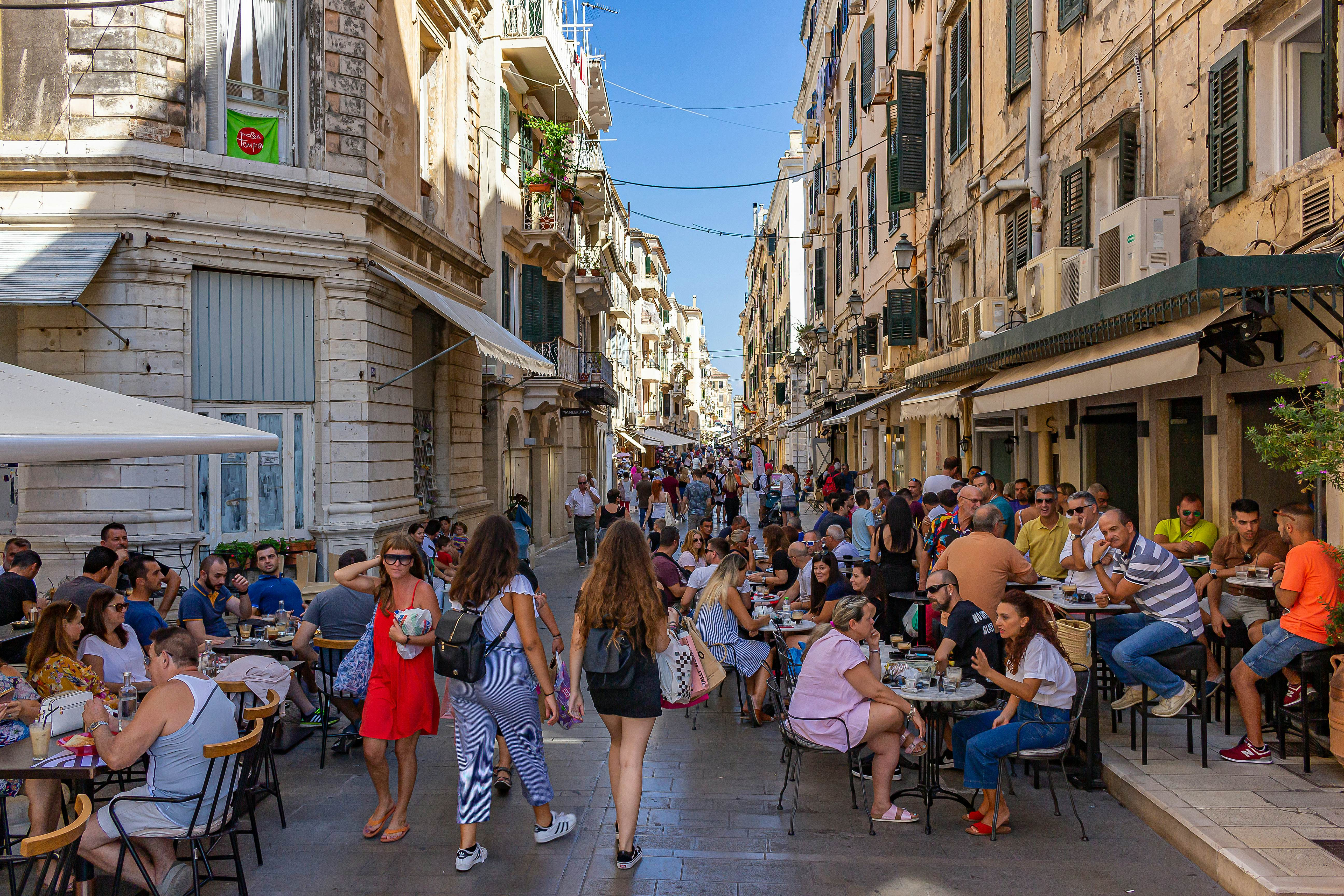 A summer street scene in Corfu Town.