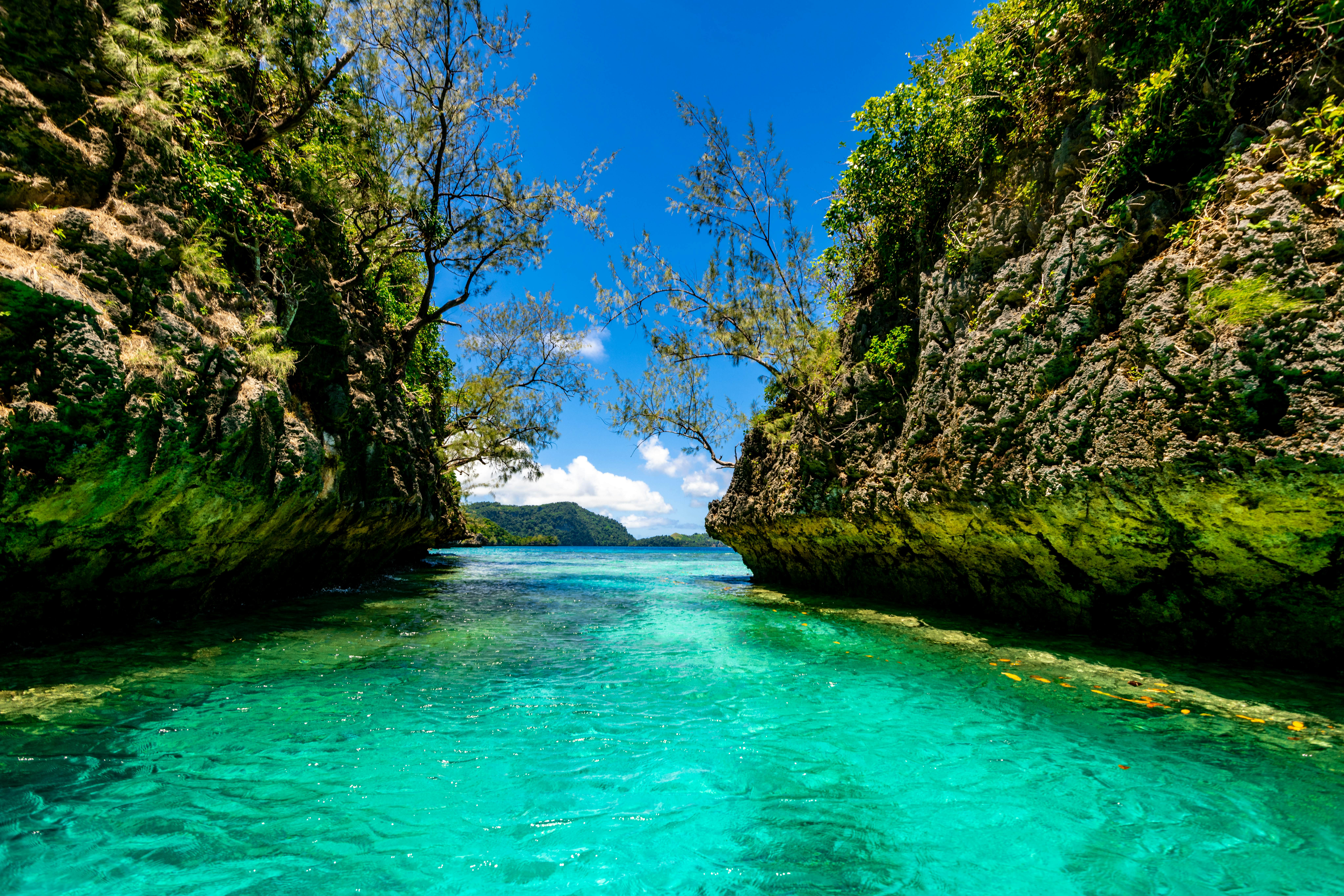 A tropical cove with bright turquoise water is framed by two rocky formations covered with greenery and algae.