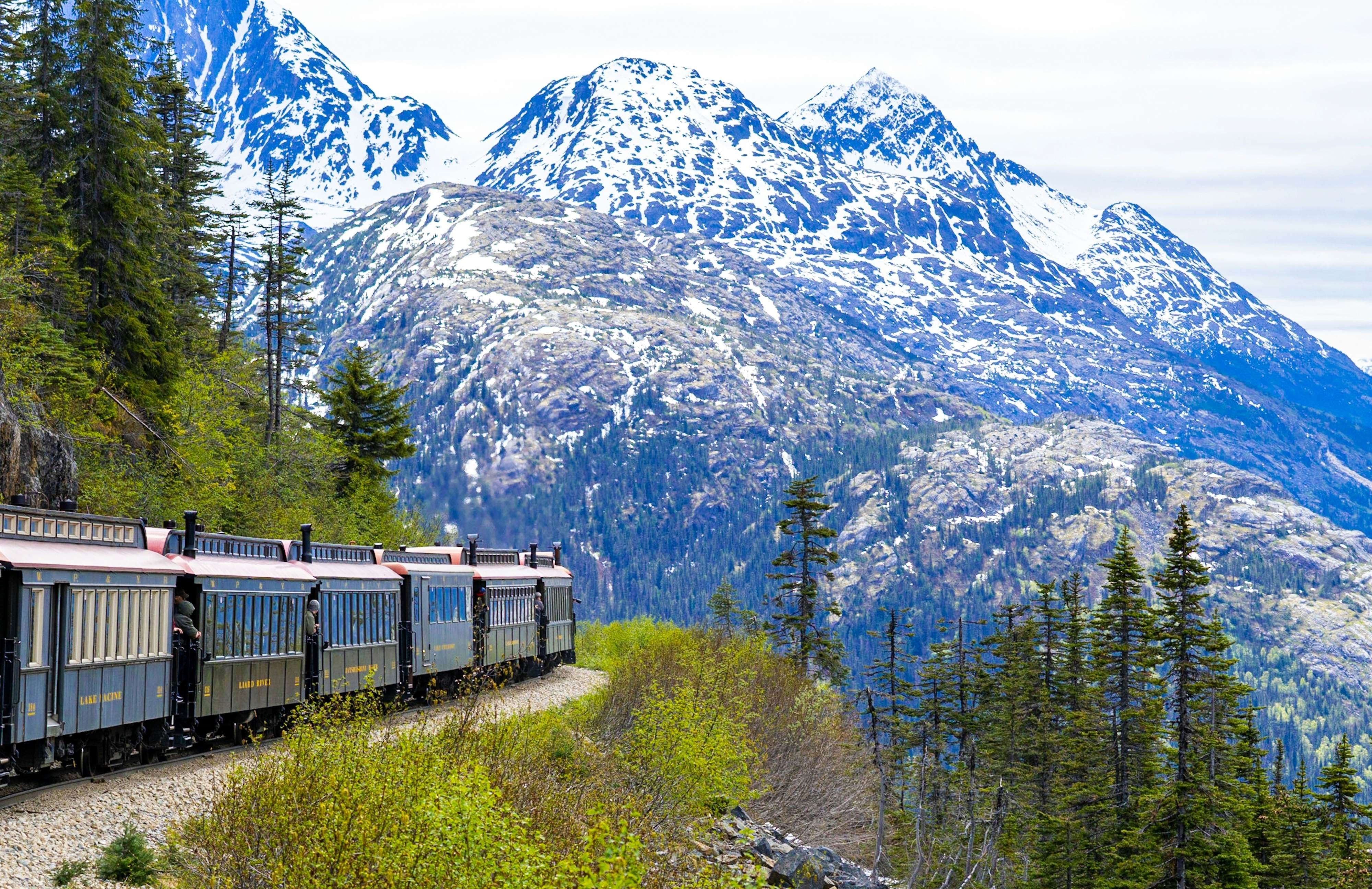 Train in the Canadian Rockies with snow-covered peaks and lush greenery