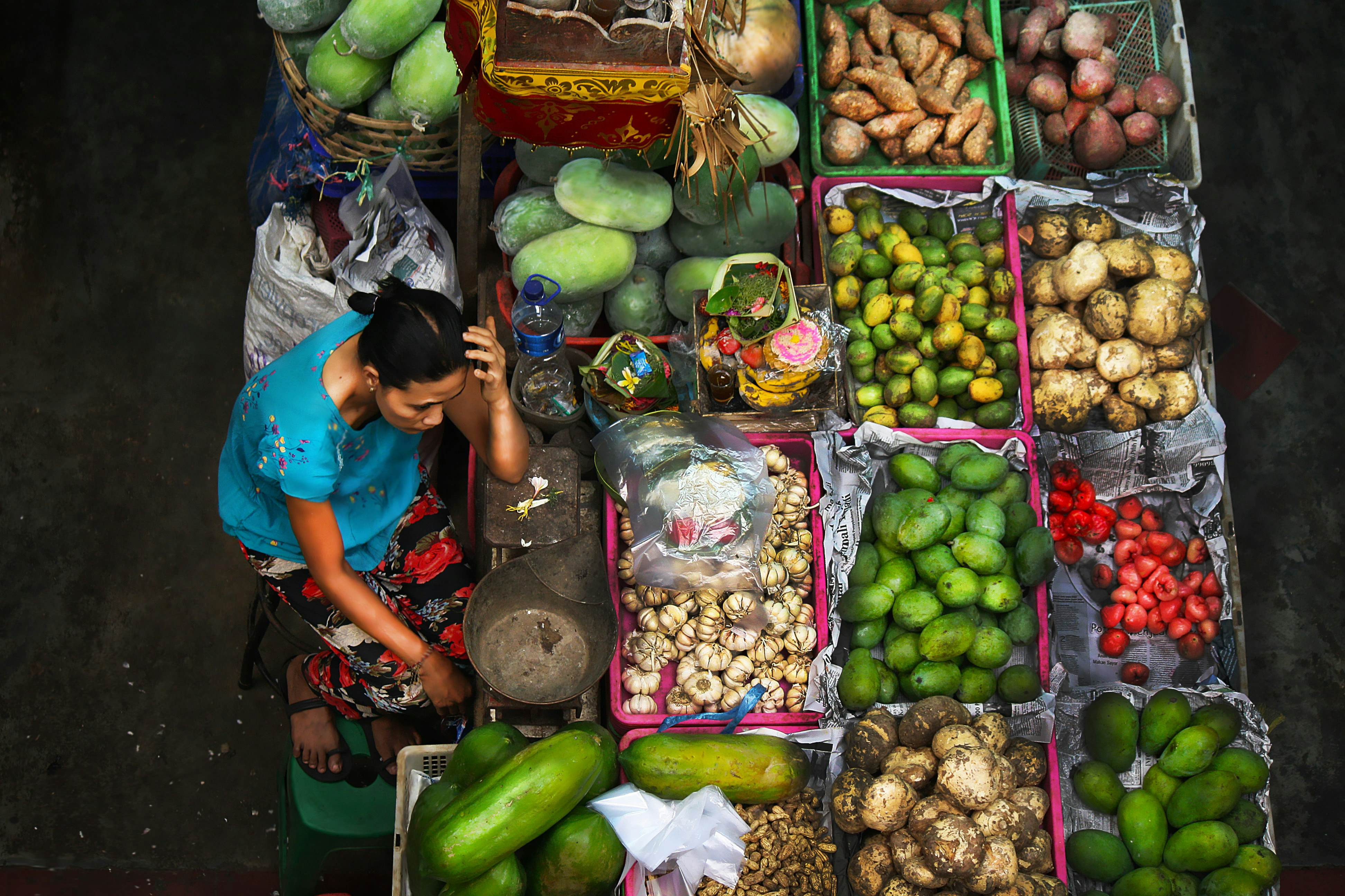 Local Balinese market in Denpasar, Bali, Indonesia, offering fresh produce