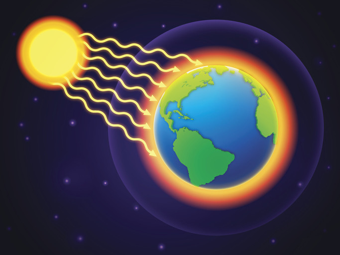 Solar radiation shown as waves travelling towards Earth