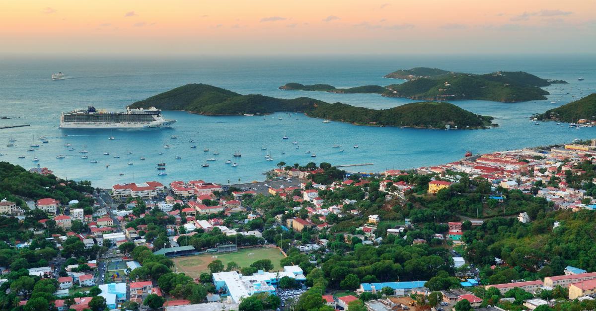 Aerial view of the beach and boats in St. Thomas, a U.S. Virgin Island accessible to American travelers without a passport.