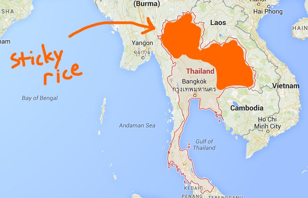 Map highlighting the sticky rice region of Thailand
