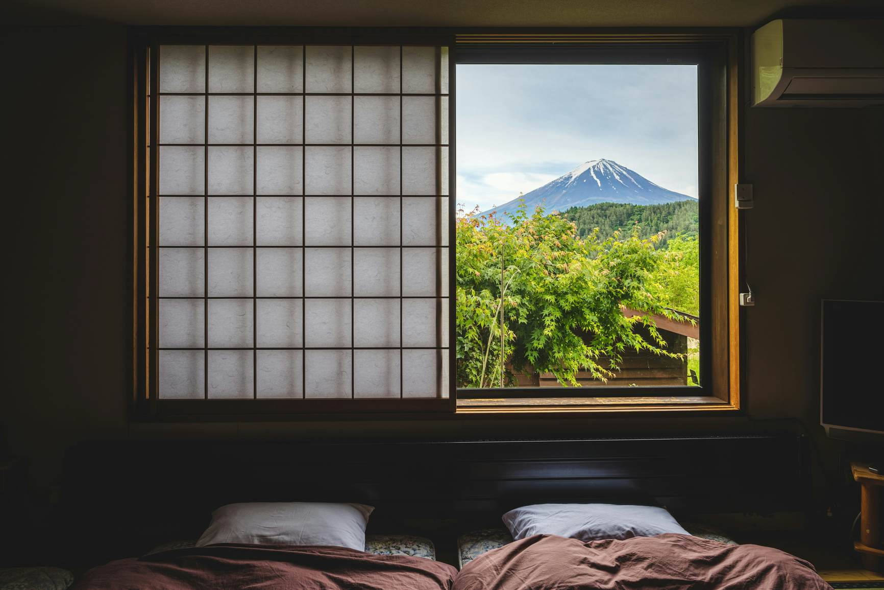 Mount Fuji viewed from a ryokan near Lake Kawaguchi, symbolizing Japan's serene beauty