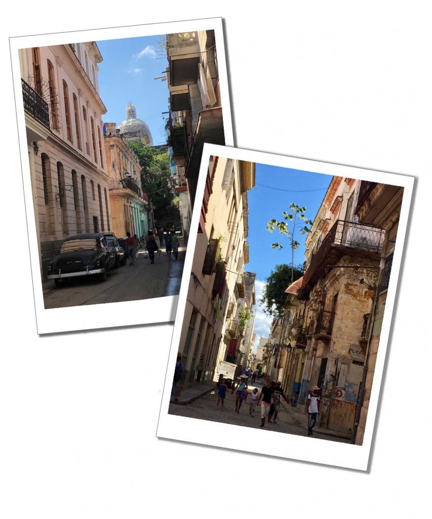 Two views of the thin vibrant streets of Havana in Cuba, with people and vintage cars going about their day