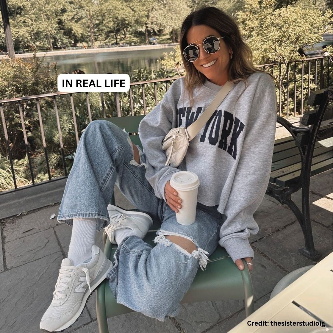 Stylish women wearing New Balance sneakers with jeans, showcasing comfort and style for travel