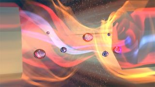 A conceptual image of electrical sound disturbances moving across a vacuum between two zinc oxide crystals