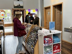 Reading brochures at the Oak Harbor visitor center