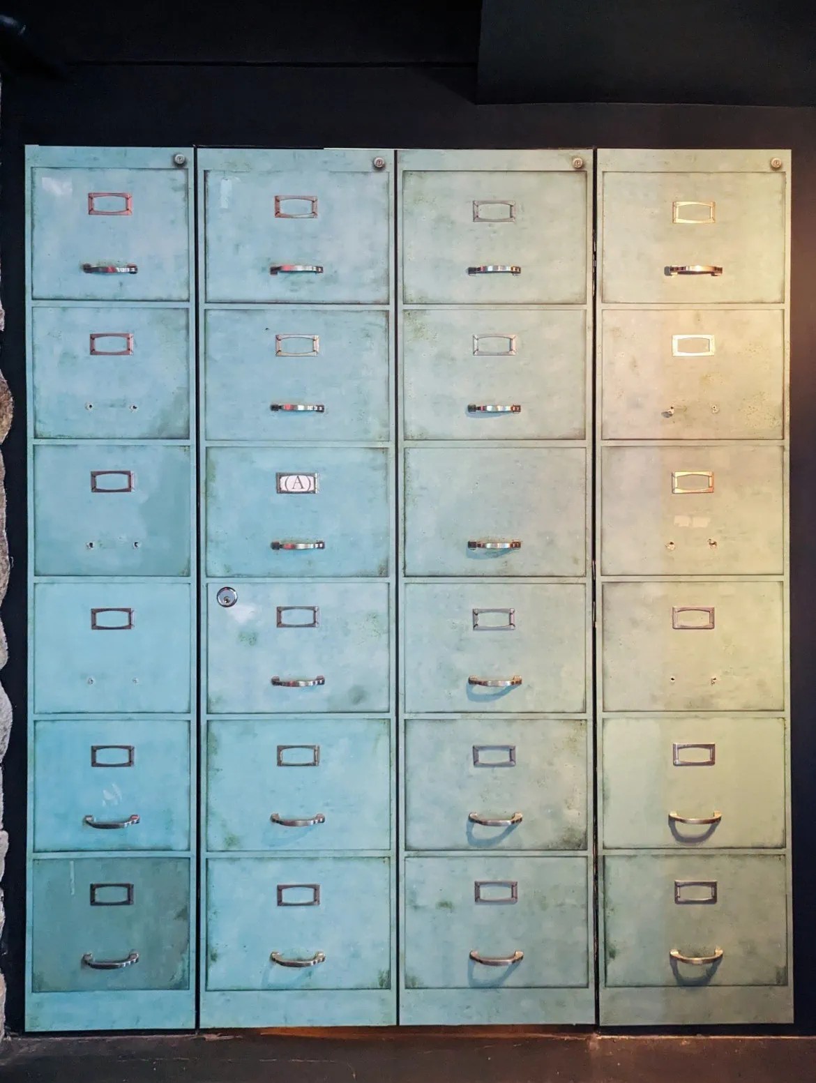 Blue filing cabinet speakeasy entrance
