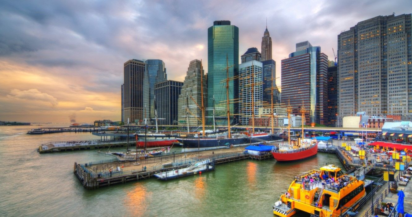 South Street Seaport in New York City, showcasing historic ships and waterfront activities