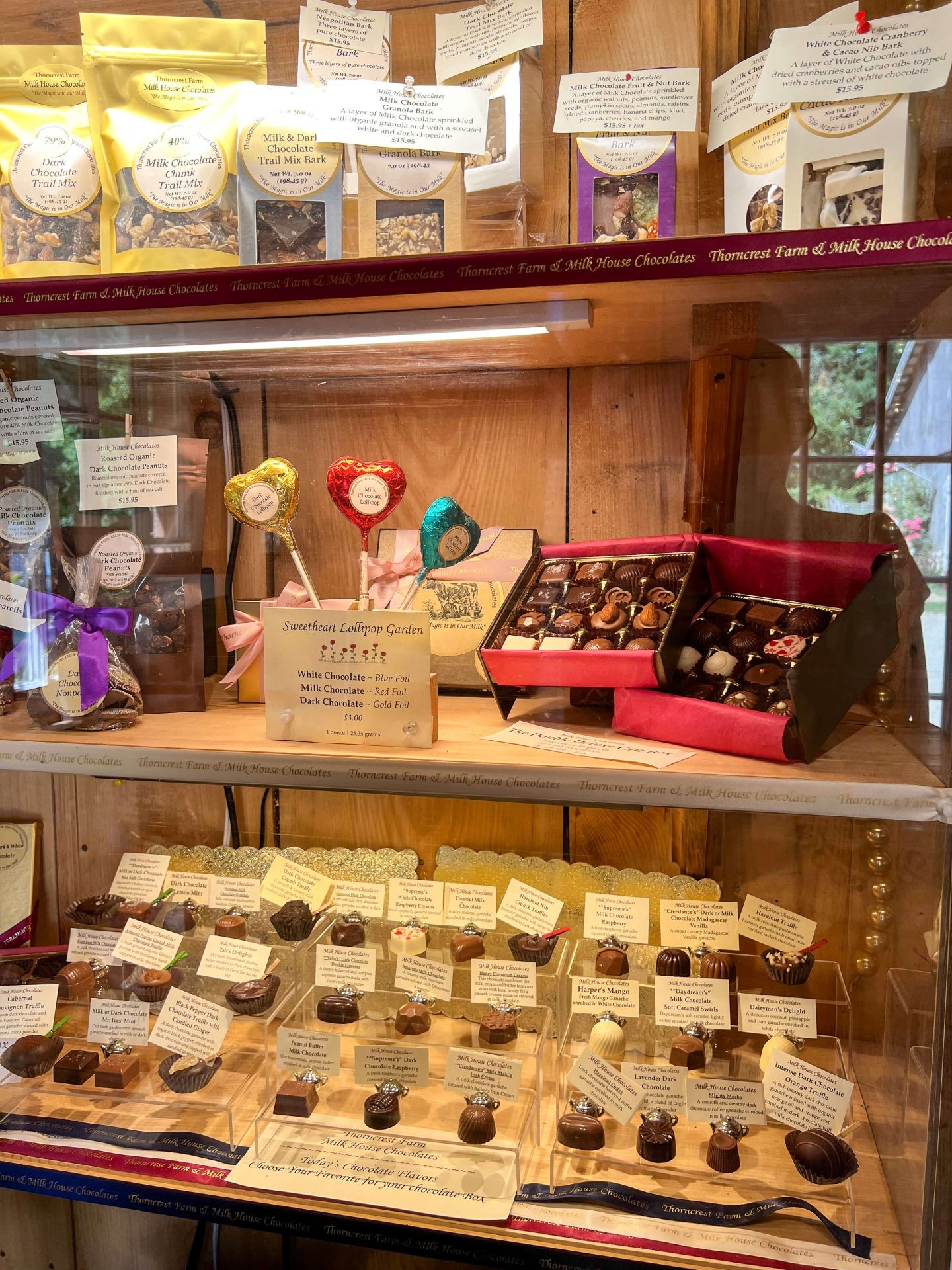 chocolate selection at thorncrest milkhouse chocolate shop in litchfield county connecticut