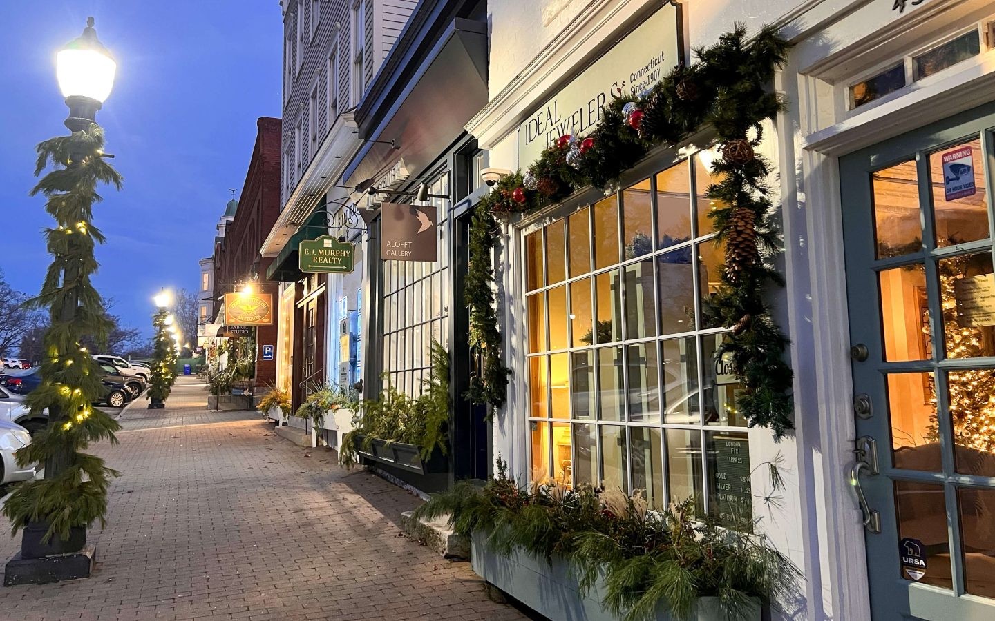 downtown litchfield shops along west main street at sunset time
