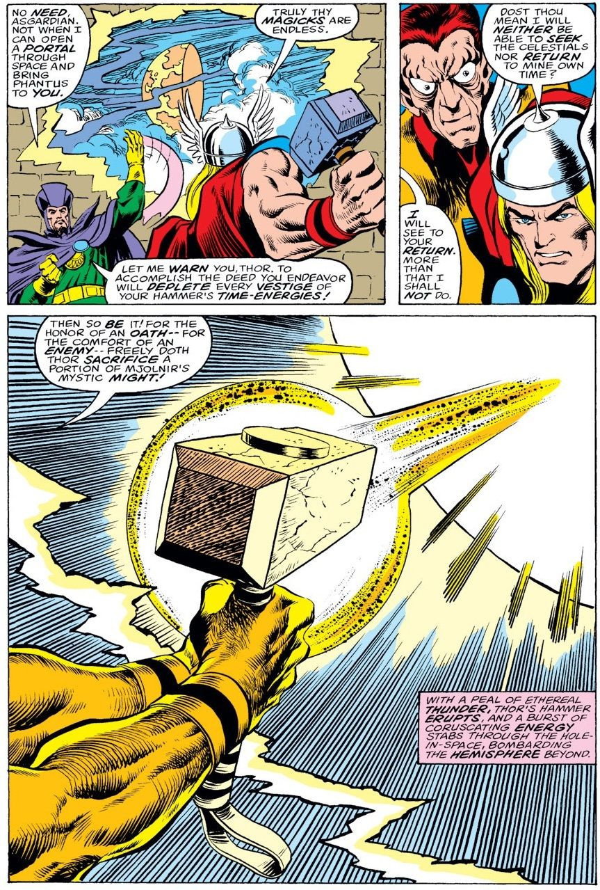 Thor sacrifices Mjolnir's time-travel abilities to save a planet in Thor #282
