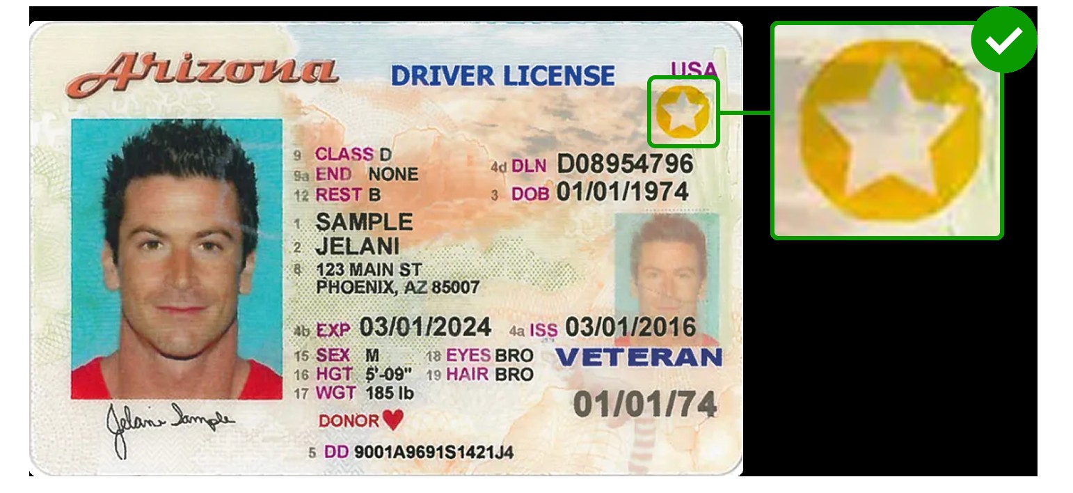 Arizona Travel ID driver license with gold star popout