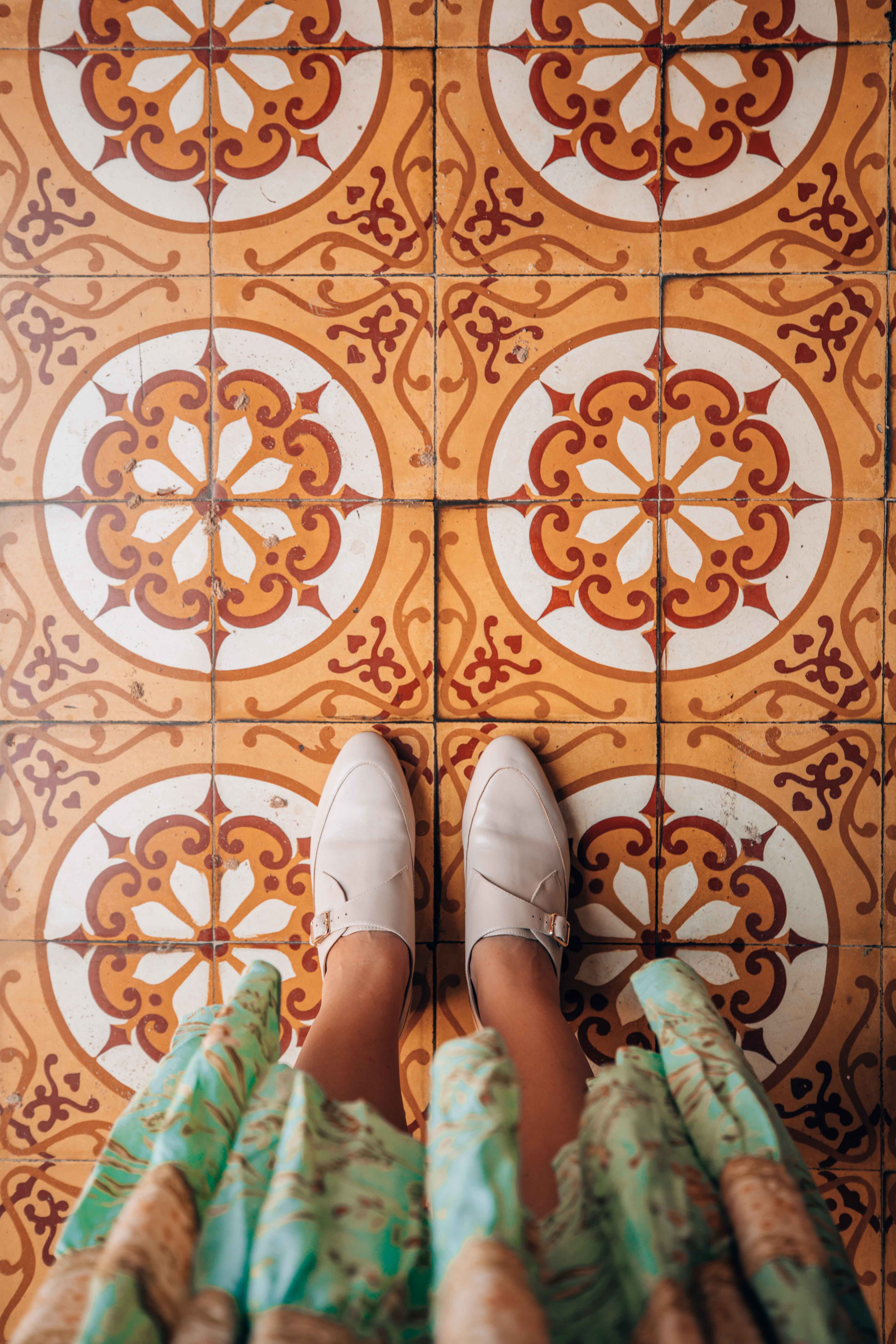 Yellow and white floor tiles in Hoi An