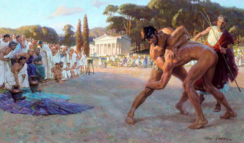 Wrestlers competing in the Olympic Games, an event which drew travellers from all over Greece.