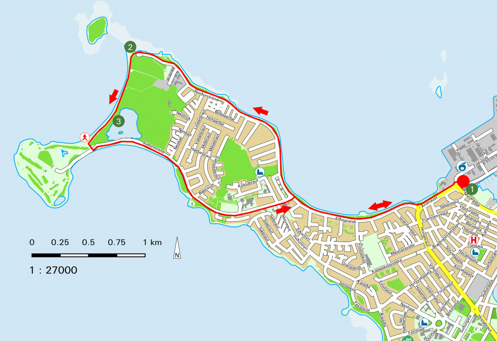 Reykjavik Coast Tour map highlighting walking path along the seaside