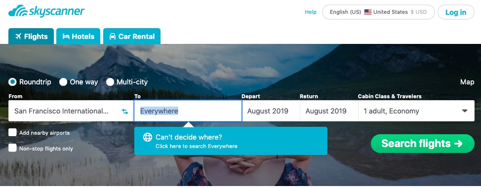 Skyscanner results page showing various destinations and prices