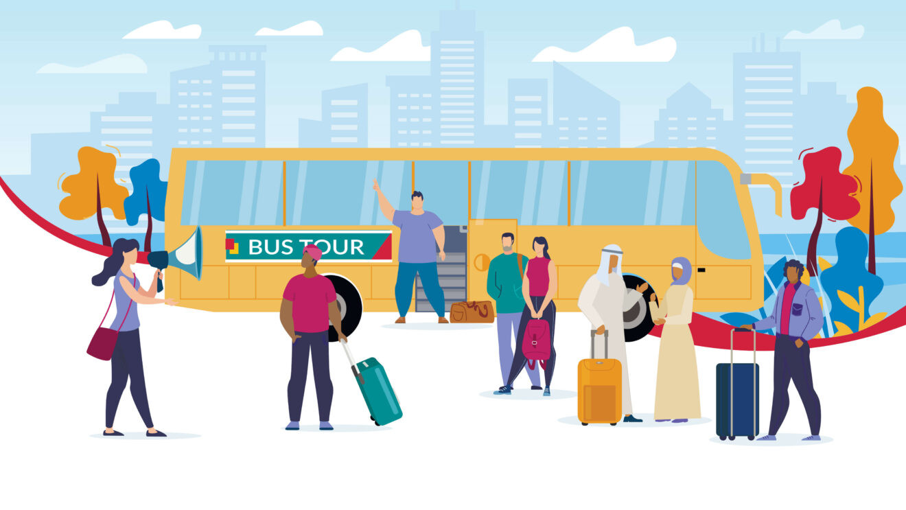 A group of tourists enjoying a bus tour, illustrating a fun and engaging way to explore a destination