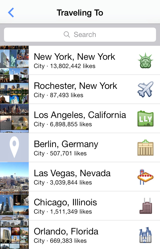 Selecting traveling to on Facebook