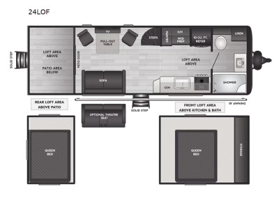 Floor plan layout of a Hideout 24LOF destination trailer showcasing dimensions and room arrangements