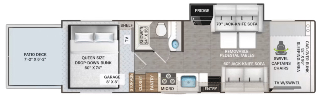 Thor Motor Coach Outlaw 29J floorplan against white backdrop.