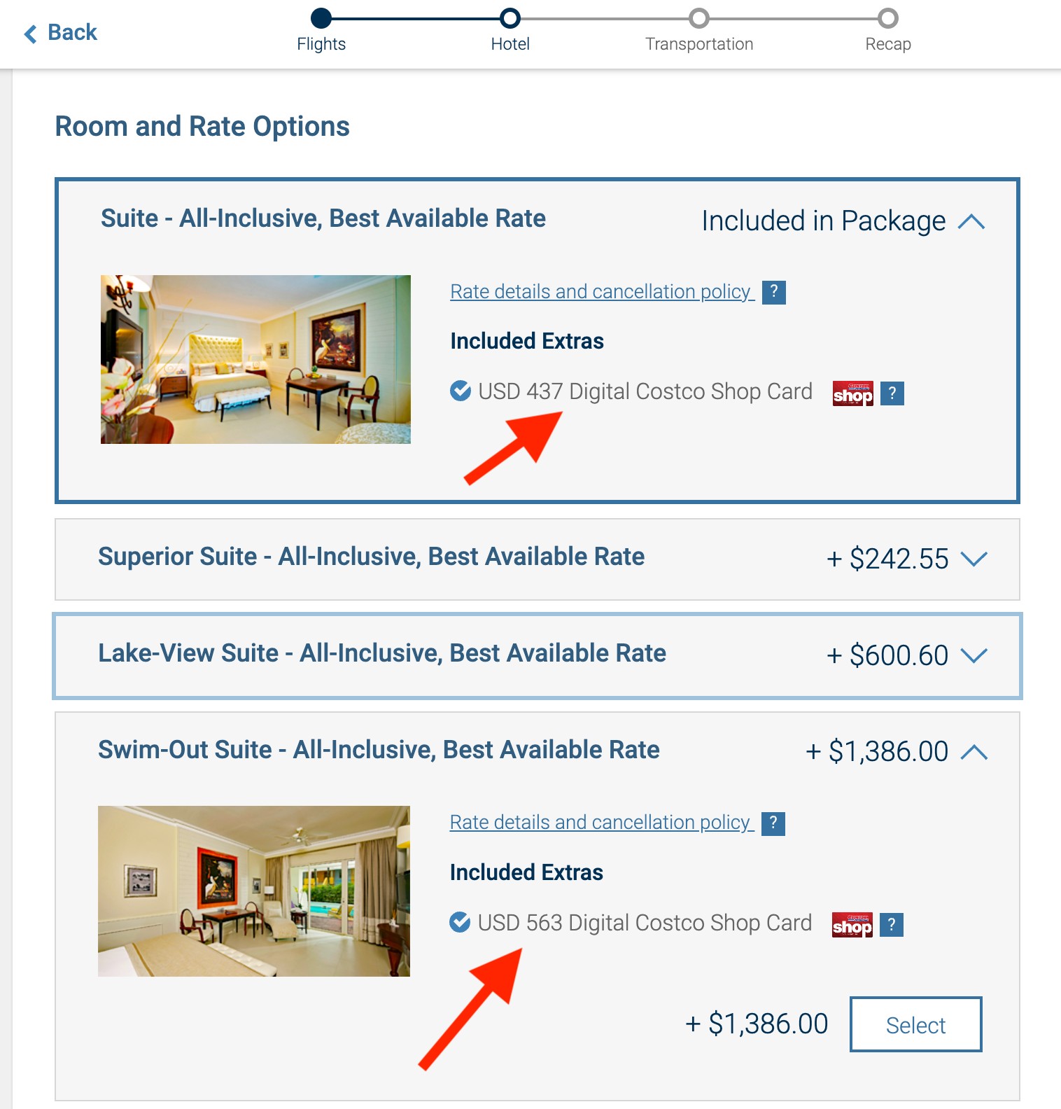 Upgrading hotel room on a Costco travel package