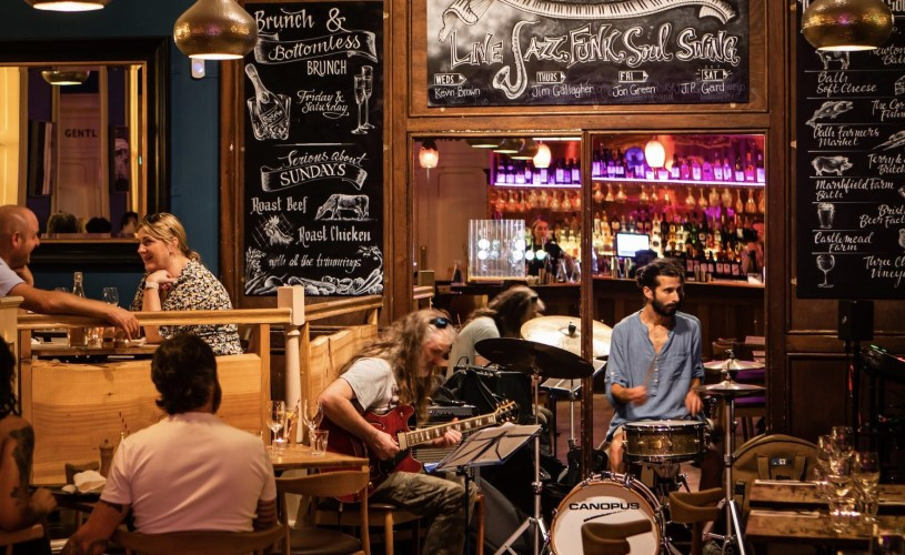 Band playing music inside bar