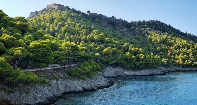 Castle in Cephalonia on the peak of a green hill