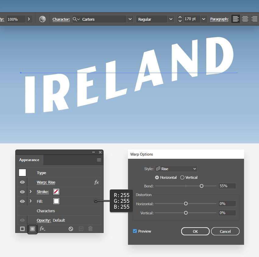 add the Ireland text and warp it