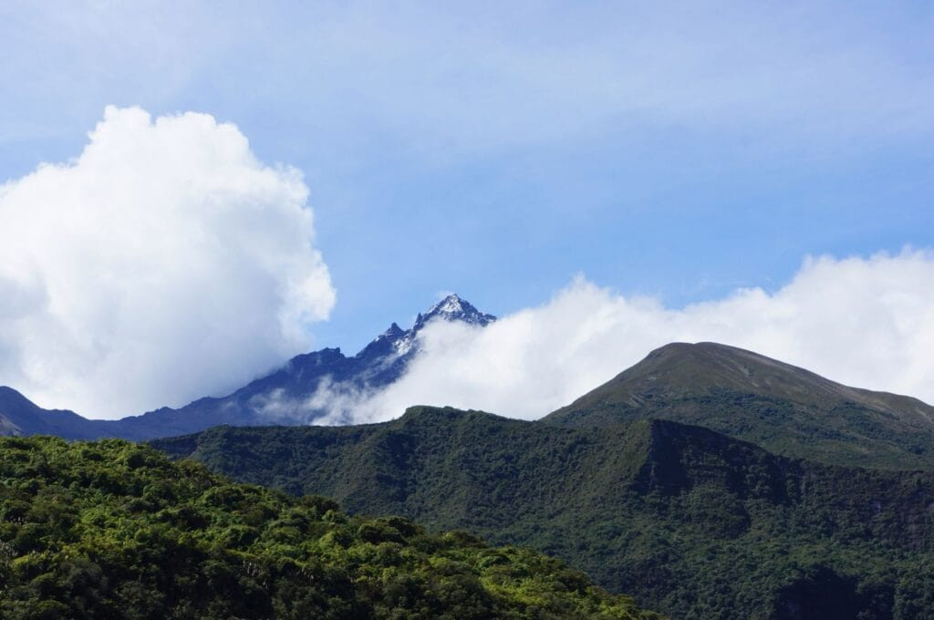 The Cotacachi volcano seen from Laguna de Cuicocha in Ecuador, showcasing the stunning natural landscapes and hiking opportunities for Quito tourism