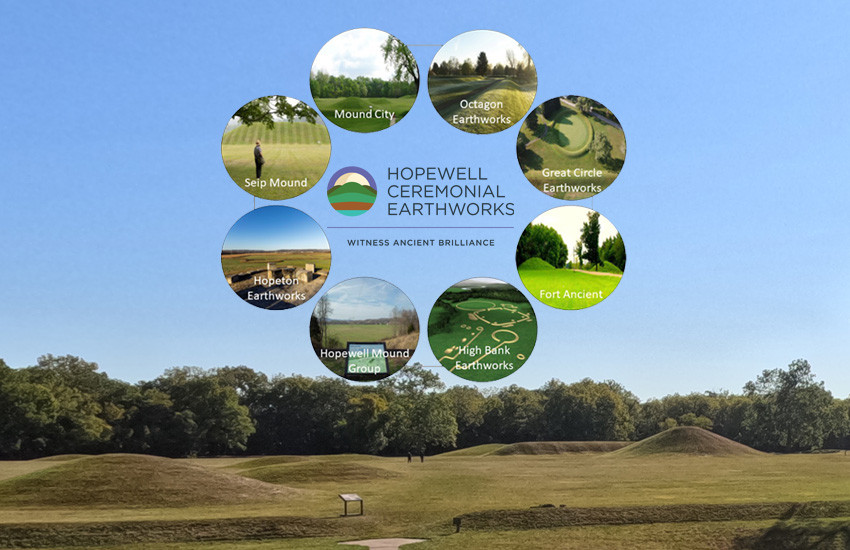 Hopewell Ceremonial Earthworks with a vibrant sunset, showcasing Ohio's First World Heritage Site