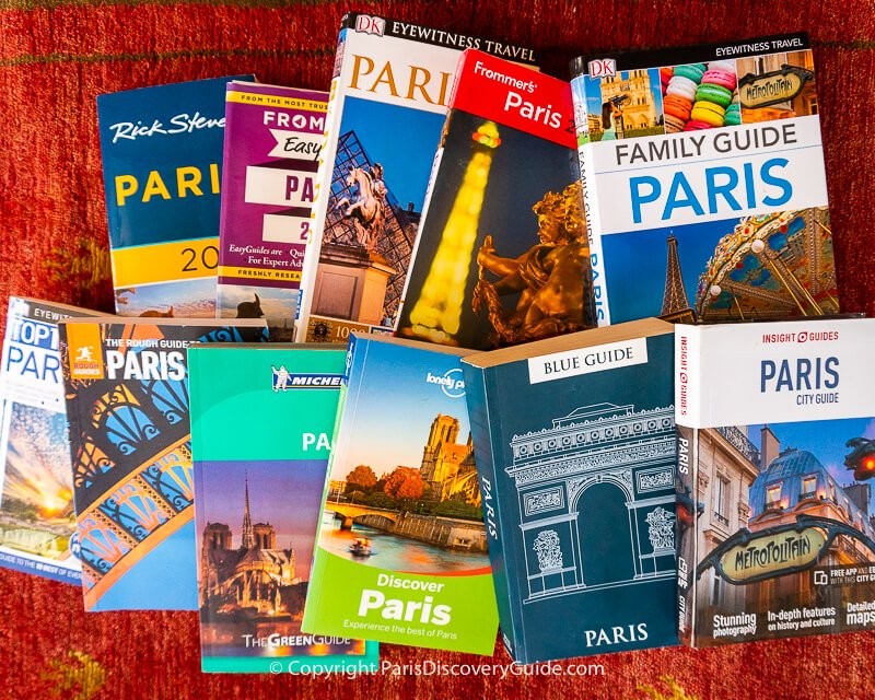 Cover of a Paris travel guide book, showcasing iconic landmarks like the Eiffel Tower and the Louvre Museum