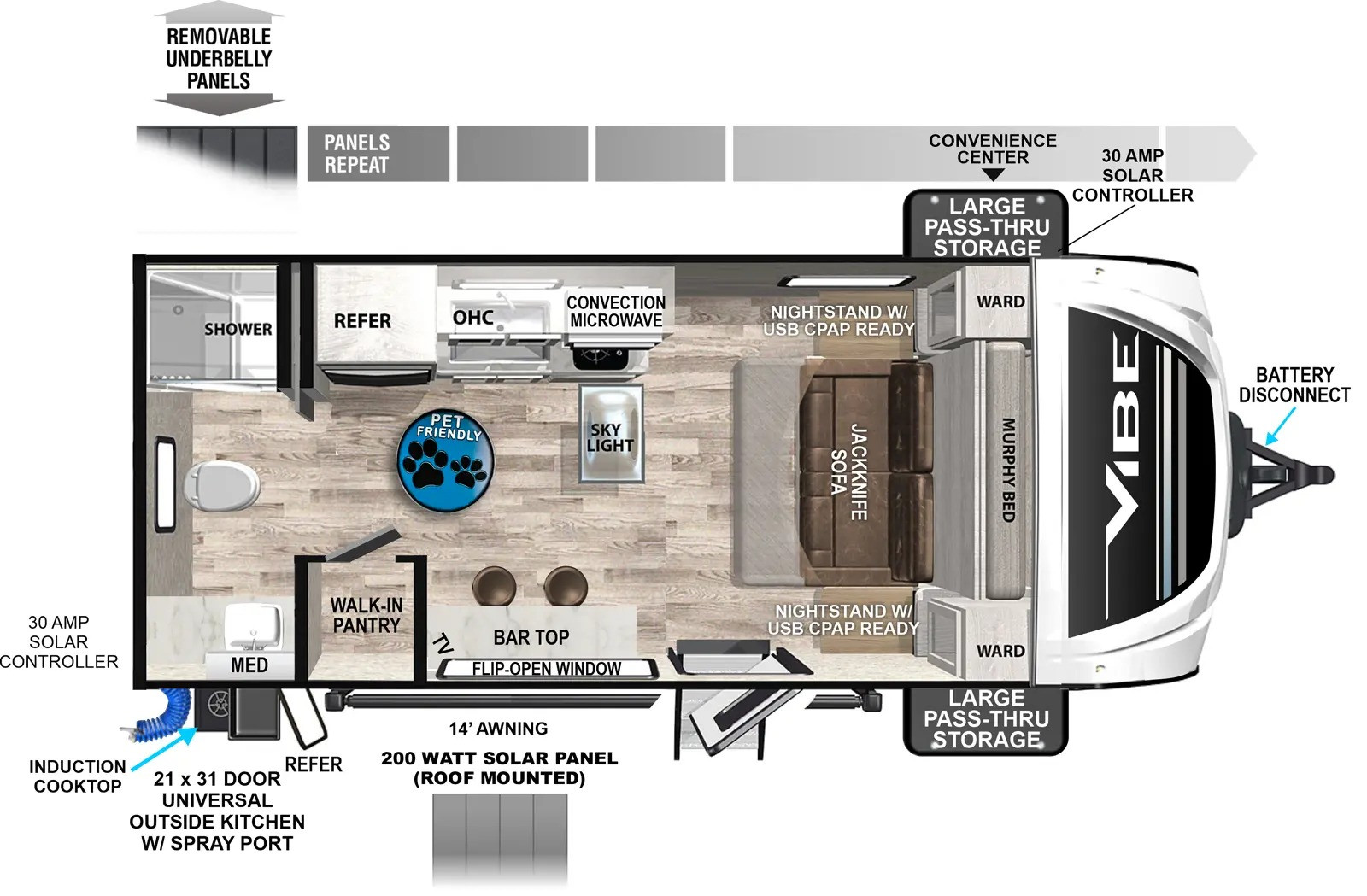 Vibe 19RB no-slide couple’s camper floor plan