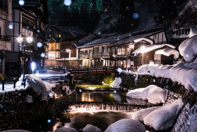 Exterior view of Ginzan Onsen with snow falling