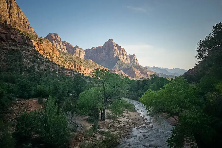 Mountains and a stream in Zion National Park, Utah